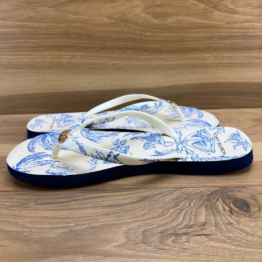 Tory Burch Far And Away Flip Flops Womens 8 M Blue Cream Travel Thong Sandals - Picture 6 of 10